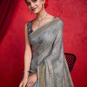 Grey Poly Silk Festival Saree With Blouse Piece