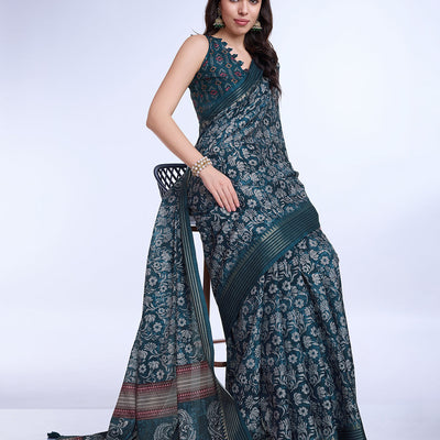Blue Poly Silk Daily Wear Saree With Blouse Piece