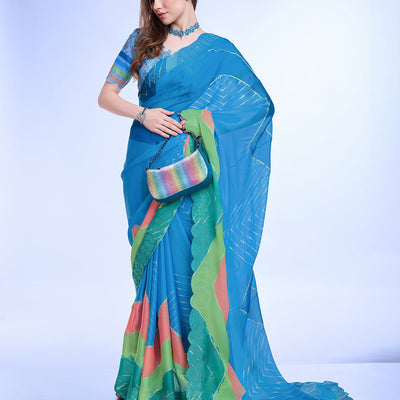 Teal Poly Chiffon Festival Saree With Blouse Piece