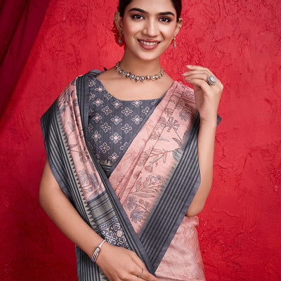 Pink Poly Silk Festival Saree With Blouse Piece
