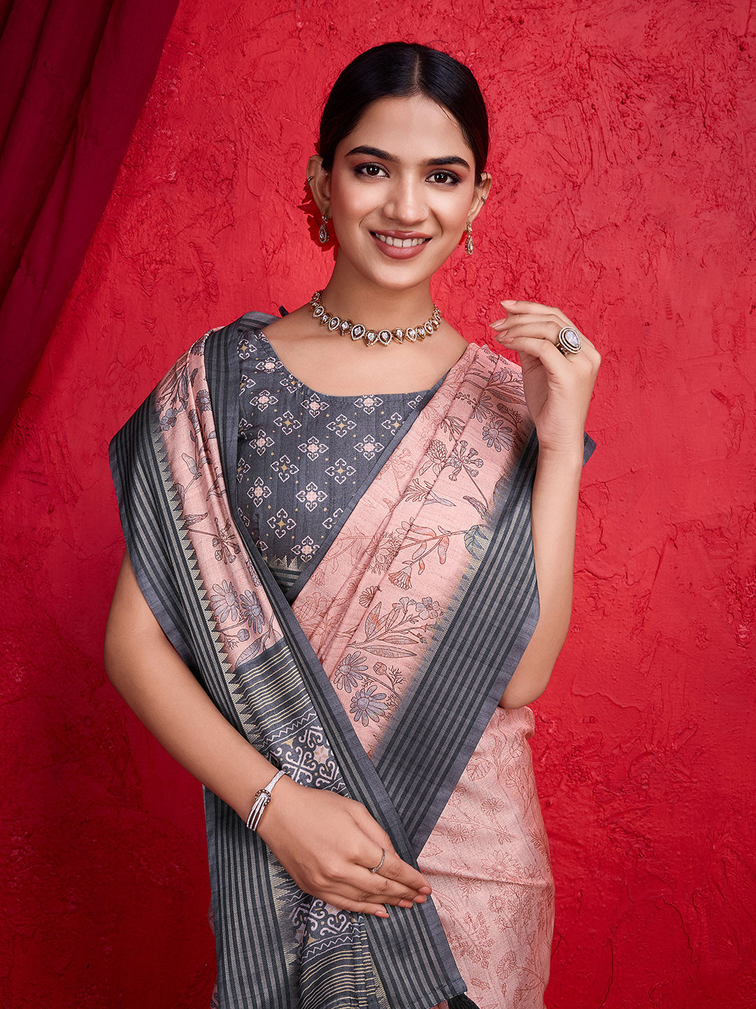 Pink Poly Silk Festival Saree With Blouse Piece