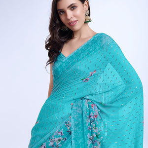 Teal Poly Chiffon Festival Saree With Blouse Piece