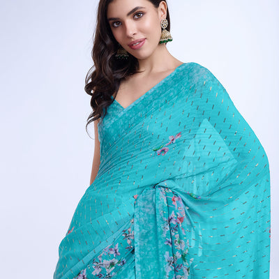 Teal Poly Chiffon Festival Saree With Blouse Piece