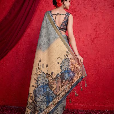 Grey Poly Silk Festival Saree With Blouse Piece