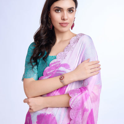 Pink Poly Chiffon Festival Saree With Blouse Piece