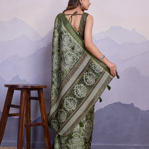 Mehndi Poly Silk Festival Saree With Blouse Piece