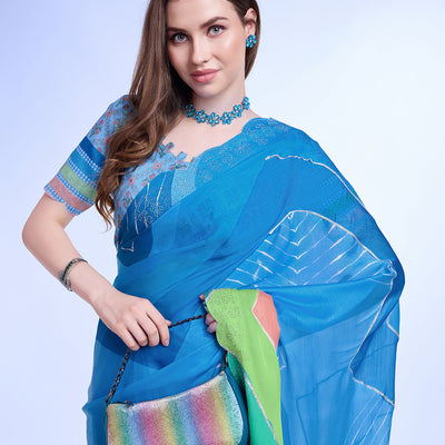 Teal Poly Chiffon Festival Saree With Blouse Piece
