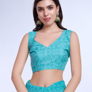Teal Poly Chiffon Festival Saree With Blouse Piece