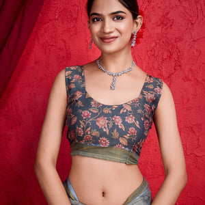 Grey Poly Silk Festival Saree With Blouse Piece