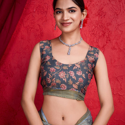 Grey Poly Silk Festival Saree With Blouse Piece