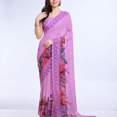 Lavender Poly Chiffon Festival Saree With Blouse Piece