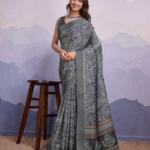 Grey Poly Silk Festival Saree With Blouse Piece