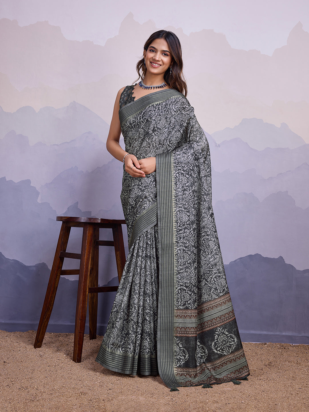 Grey Poly Silk Festival Saree With Blouse Piece