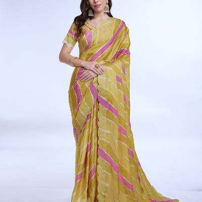 Yellow Poly Chiffon Festival Saree With Blouse Piece