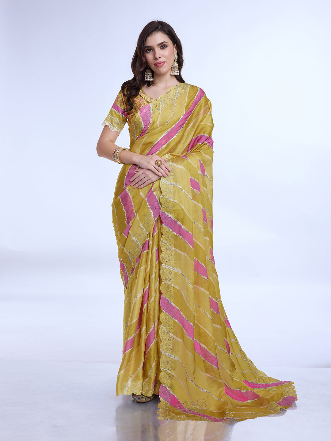 Yellow Poly Chiffon Festival Saree With Blouse Piece