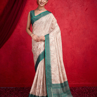 Cream Poly Silk Festival Saree With Blouse Piece