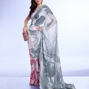 Grey Poly Chiffon Festival Saree With Blouse Piece