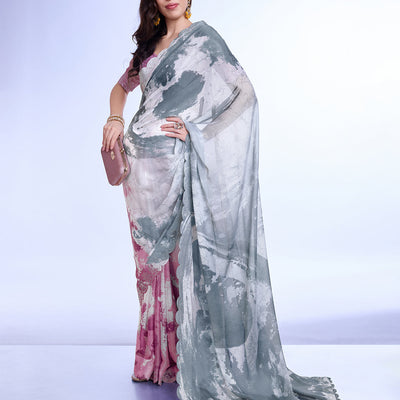 Grey Poly Chiffon Festival Saree With Blouse Piece