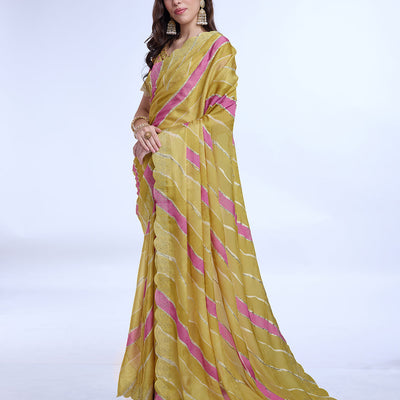 Yellow Poly Chiffon Festival Saree With Blouse Piece