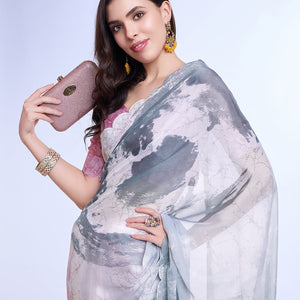 Grey Poly Chiffon Festival Saree With Blouse Piece