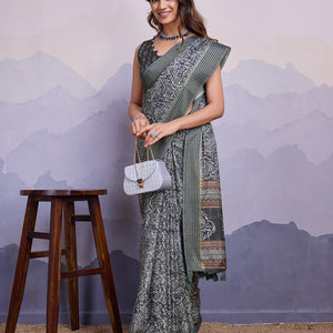Grey Poly Silk Festival Saree With Blouse Piece