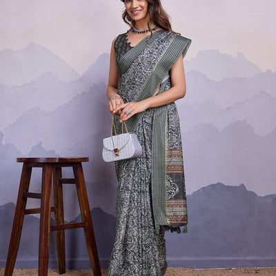 Grey Poly Silk Festival Saree With Blouse Piece