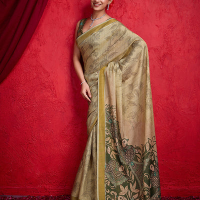 Green Poly Silk Festival Saree With Blouse Piece