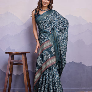 Blue Poly Silk Festival Saree With Blouse Piece