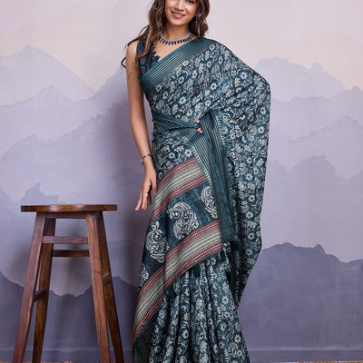 Blue Poly Silk Festival Saree With Blouse Piece