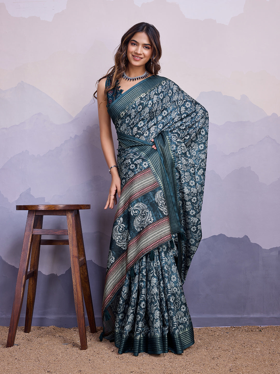 Blue Poly Silk Festival Saree With Blouse Piece