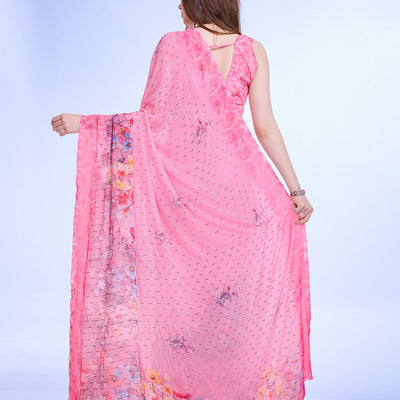 Pink Poly Chiffon Festival Saree With Blouse Piece