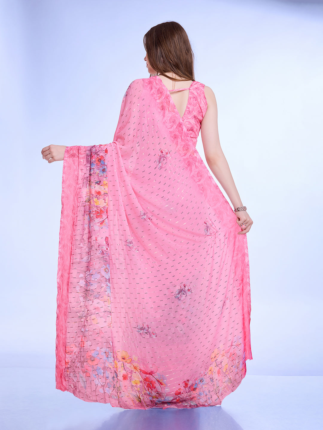Pink Poly Chiffon Festival Saree With Blouse Piece