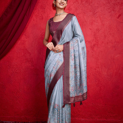 Grey Poly Silk Festival Saree With Blouse Piece