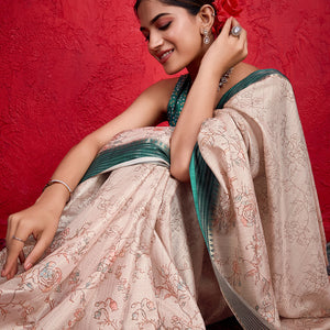 Cream Poly Silk Festival Saree With Blouse Piece