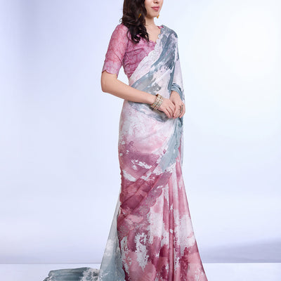 Grey Poly Chiffon Festival Saree With Blouse Piece