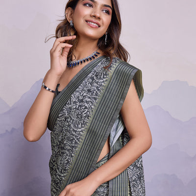 Grey Poly Silk Festival Saree With Blouse Piece