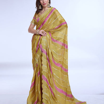 Yellow Poly Chiffon Festival Saree With Blouse Piece