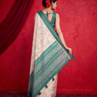 Cream Poly Silk Festival Saree With Blouse Piece