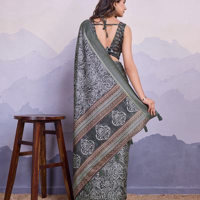 Grey Poly Silk Festival Saree With Blouse Piece