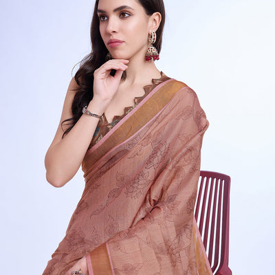 Peach Poly Silk Festival Saree With Blouse Piece
