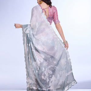 Grey Poly Chiffon Festival Saree With Blouse Piece