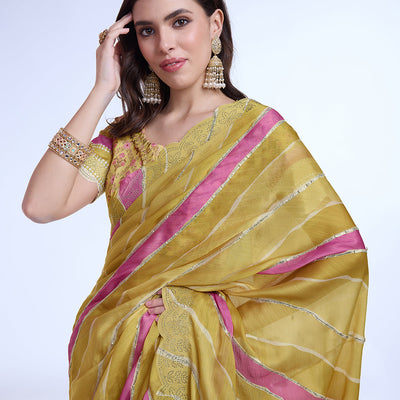 Yellow Poly Chiffon Festival Saree With Blouse Piece