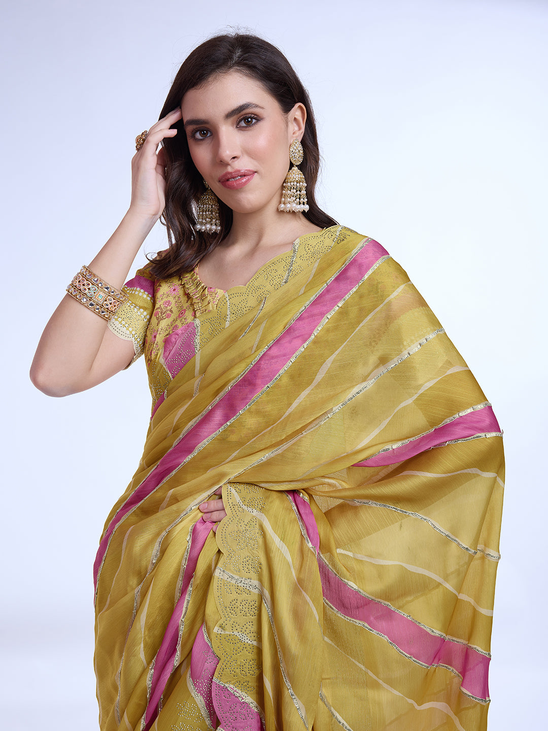 Yellow Poly Chiffon Festival Saree With Blouse Piece