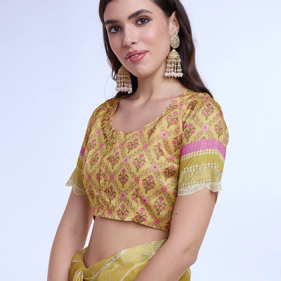 Yellow Poly Chiffon Festival Saree With Blouse Piece