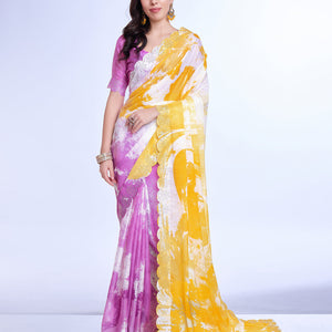 Yellow Poly Chiffon Festival Saree With Blouse Piece