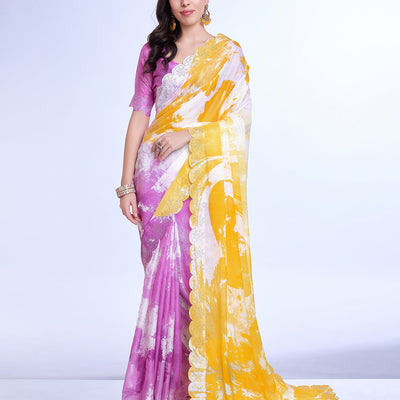 Yellow Poly Chiffon Festival Saree With Blouse Piece
