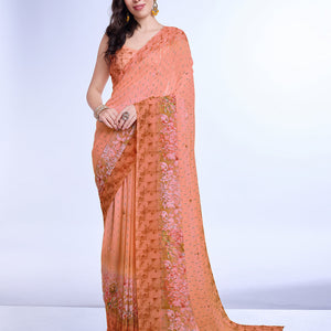 Peach Poly Chiffon Festival Saree With Blouse Piece