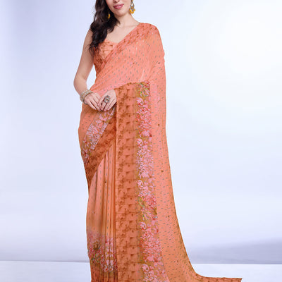 Peach Poly Chiffon Festival Saree With Blouse Piece