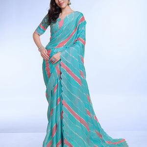 Blue Poly Chiffon Festival Saree With Blouse Piece