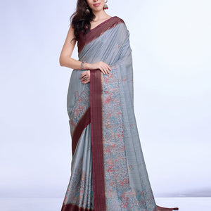 Grey Poly Silk Daily Wear Saree With Blouse Piece